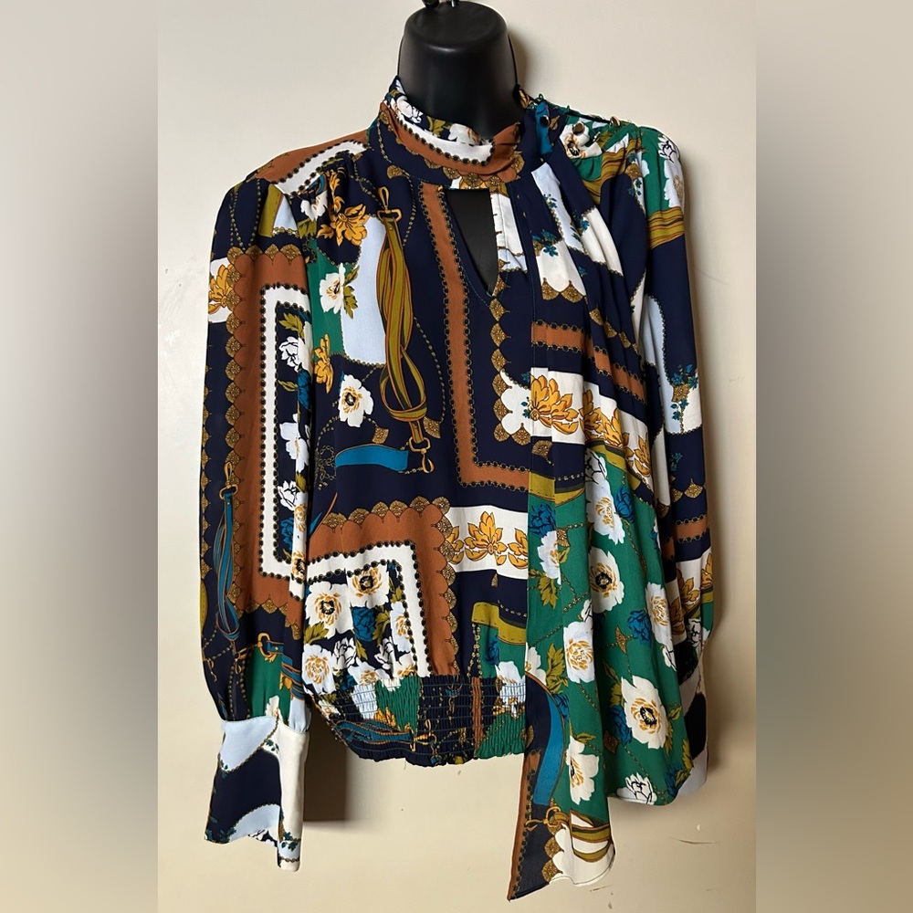 Navy Blue and Green Floral Blouse